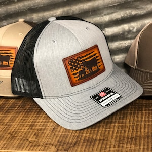 Richardson 112 Leather Patch Hat, Cattle Cow tags, American Flag Cow Patch Hat, Cow Flag Leather Patch Cap, Raised in the Country