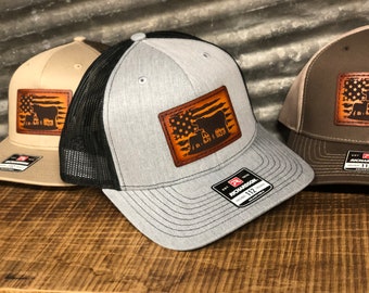 American Flag Cow Leather Patch Hat - Richardson 112 Trucker Cap