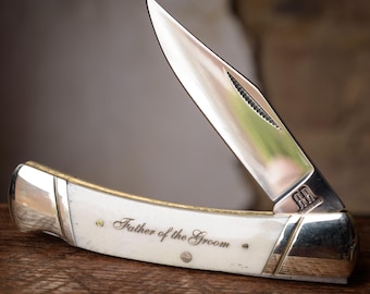 Father of the Groom, Father of the Bride, Groomsmen Gift, Folding Knife, Pocket Knife, Bone Handled, Engraved Knife, Custom Pocket Knife