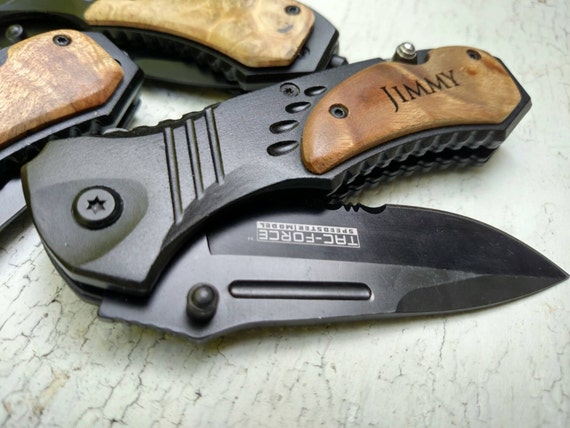 Personalized Groomsmen Knife: Engraved Tac-Force Pocket Knife with Wooden Handle