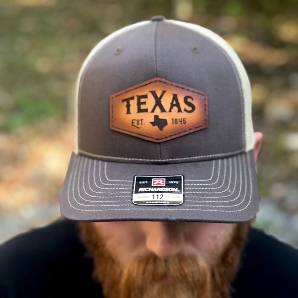 Texas Trucker Hat Leather Patch Hat, Texas State Cap, Richardson 112 Hat, Snapback Cap, Texas Hunter