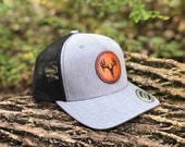 Deer Hunter Trucker Hat, Leather Patch Hat, Wildlife Caps