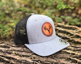 Deer Hunter Trucker Hat, Leather Patch Hat, Wildlife Caps