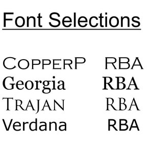 May include: A list of font selections with the names "COPPERP", "Georgia", "TRAJAN", and "Verdana" listed on the left side of the image. The right side of the image lists "RBA" next to each font name.