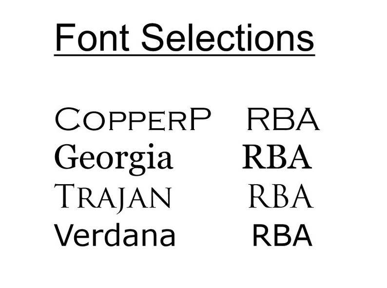 May include: A list of font selections with the names "COPPERP", "Georgia", "TRAJAN", and "Verdana" listed on the left side of the image. The right side of the image lists "RBA" next to each font name.