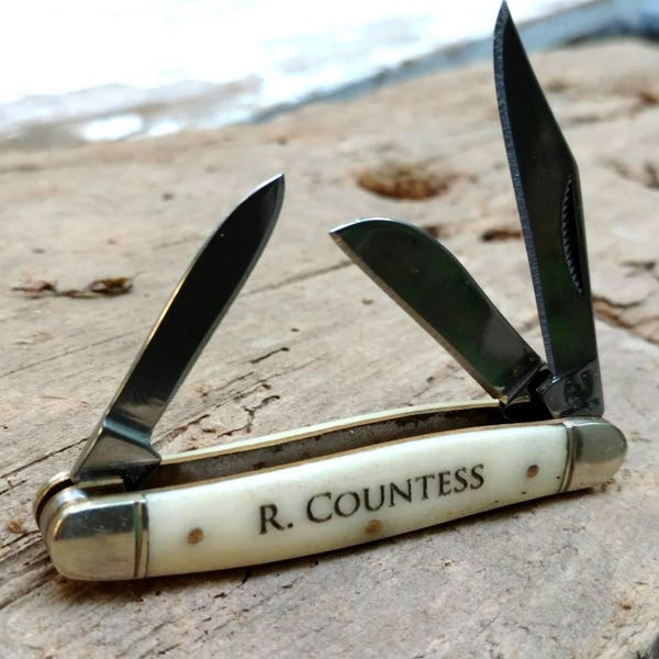 Engraved Bone Handle Pocket Knife, Stainless Steel Blades