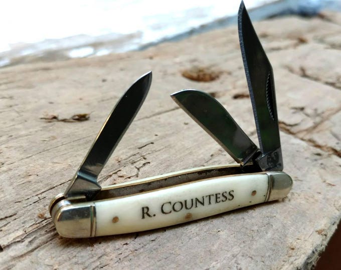 Engraved Bone Handle Pocket Knife, Stainless Steel Blades