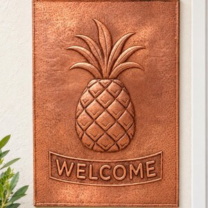 Copper Welcome Sign: Natural Copper Finish, Hand-Embossed Pineapple for Entryway Decor