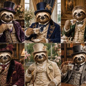 May include: A collection of six portraits featuring sloths dressed in formal Victorian-era attire, including top hats, velvet jackets, patterned waistcoats, and cravats, each holding a delicate porcelain teacup in a refined, ornate setting.