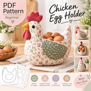 Op de afbeelding: Een naaipatroon voor een stoffen kippeneierhouder met een bloemenprint, een rode kam en lellen, en een groene vleugel met stippen. Het PDF-patroon bevat stapsgewijze instructies voor beginners om dit decoratieve keukenitem te maken.