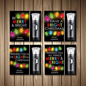 May include: Christmas-themed cards with festive messages and a flashlight graphic. The cards feature phrases like "Be Merry & Bright" and "Have a Bright Christmas," with colorful string lights. Each card includes the name "Jennifer".