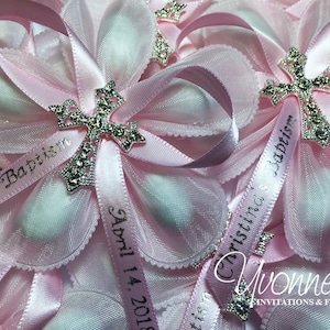Jordan Almond Flower Communion Baptism Bombonieres-Pink Confetti Flower with Pink Custom Ribbon and Bling Cross-Italian-Inspired Favor