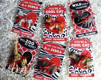 Valentine's Day Kids Cards - Wild Animal Themed Favors - Personalized For School/Kids Valentine Party (Animals NOT Included) SET OF 12