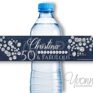 30-40-50-60 Birthday Water Bottle Wrappers-Party Favors-Denim Background with Diamond-Rhinestones-Bling