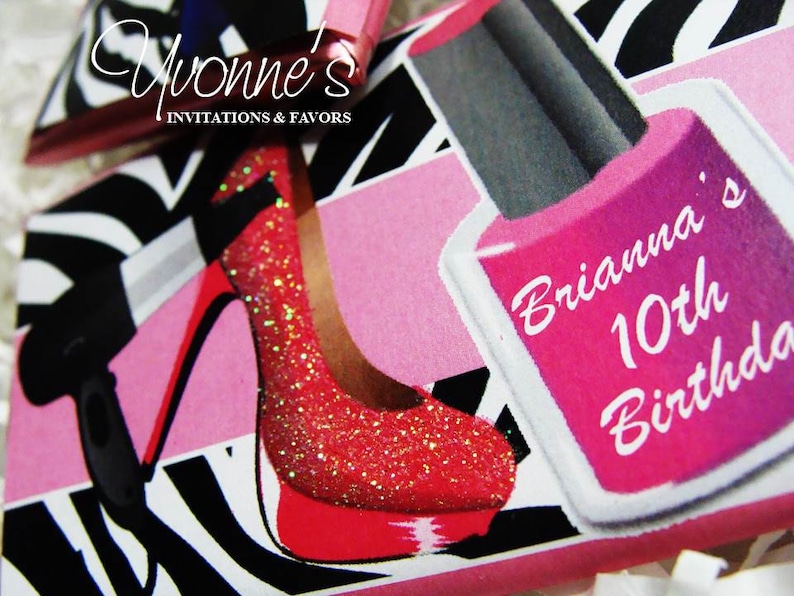 May include: A pink and white zebra print background with a pink nail polish bottle that says "Brianna's 10th Birthday". There is a red sparkly high heel shoe and a black hair dryer on the background.