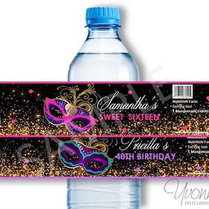 Masquerade Water Bottle Wrappers-Masquerade Party Favors-Mardi Gras-Sweet 16-40th-50th-60th Birthday(SET OF 12)