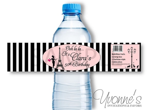 Paris Water Bottle Wrappers for Sweet 16, Bridal Shower, Birthday  30th-40th-50th-60th set of 12 