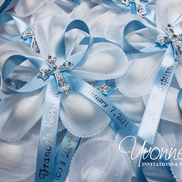 Jordan Almond Flower Communion Bombonieres-White Confetti Flower with Light Blue Personalized Ribbon and Bling Cross-Italian-Inspired Favor