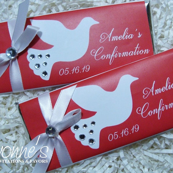 Confirmation Candy Bar Wrapper-Chocolate Bar Favors-White/Red Dove Design with Bling-Confirmation Party Favors, Communion, Religious