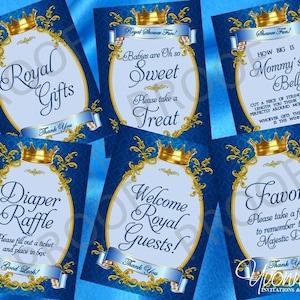 Royal Baby Boy Little Prince Party Signs/ Dessert Table / Game Signs (set of 6) - Royal Blue and Gold - Baby Shower, Baby&#39;s First Birthday