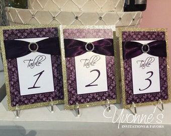 Table Numbers in Eggplant-Dark Purple-Gold with Ribbon, Bling, Glitter - for Wedding Reception Tables, Party Decorations, Party Signs