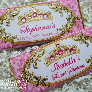 Princess Candy Bar Wrappers Assembled with Chocolate-Party Favors-Royal Tiara-Pink Fuchsia+Gold-Baby Shower-1st Birthday, Sweet 16