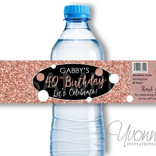 Rose Gold Glitter Water Bottle Wrappers-30th 40th 50th 60th Birthday (Set OF 12)