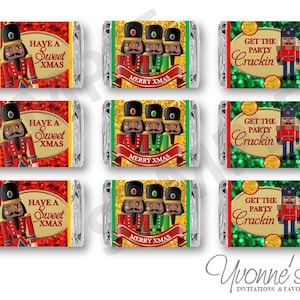 May include: Nine Christmas-themed candy bar wrappers featuring a nutcracker design. The wrappers have a red, green, and gold color scheme with glitter accents. The text on the wrappers reads "Have a Sweet Xmas" and "Get the Party Crackin".