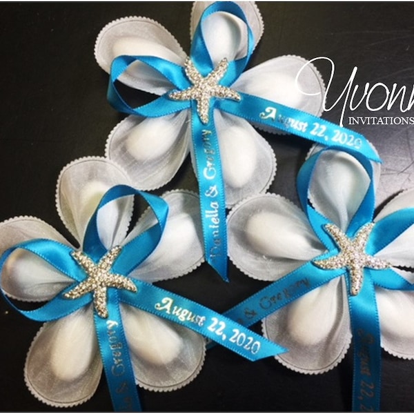 Jordan Almond Flowers-Bombonieres-White Confetti Flower with Personalized Ribbon and Bling Button-Italian-Inspired Favor for Beach Wedding