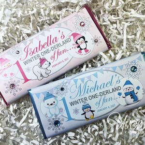 Winter Wonderland Candy Bar Wrappers for Chocolate Bar Party Favors with Snowflakes, Winter Themed for Baby Girl - 1st Birthday Onederland