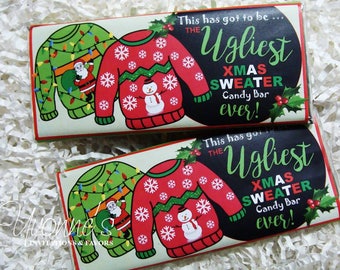 Christmas Candy Bar Wrappers for Chocolate Bars-Ugly Christmas Xmas Sweater Party Favors-Holiday Party, Stocking Stuffer, Ugly Sweater Favor
