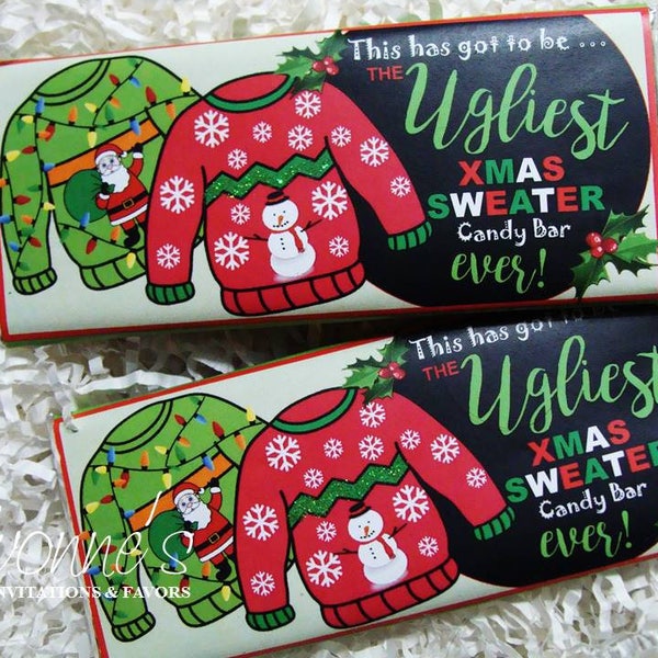 Christmas Candy Bar Wrappers Assembled with Chocolate Bars-Ugly Christmas Xmas Sweater Party Favors-Holiday Party, Stocking Stuffers, Gifts