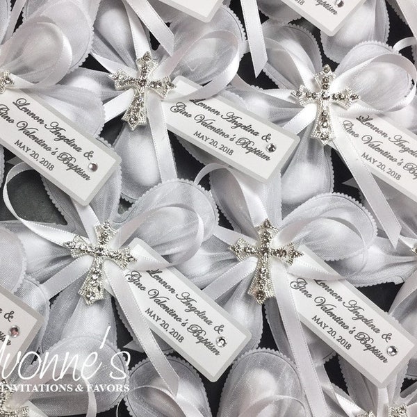 Jordan Almond Communion-Baptism Flower Bombonieres-White Confetti Flower+Ribbon-Personalized Tag-Bling Cross-Italian-Inspired Favor