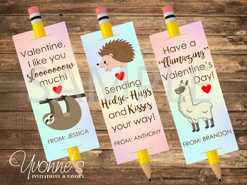 Valentine Kid Cards-Sloth-Hedgehog-Llama-Pencil Holders-Class Party Favors-Personalized-SchoolKids Valentine Party Set of 12