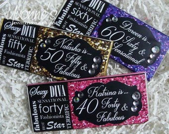 30th 40th 50th 60th Birthday Candy Bar Wrappers for Chocolate Bar Favors-Party Favors for Milestone Age Birthday-Diva-Glitter Bling