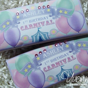 Circus Carnival Birthday Candy Bar Wrappers for Chocolate Bar Party Favors-1st Birthday-Pastel Colors, Pink, Mint Green Pink Lavender