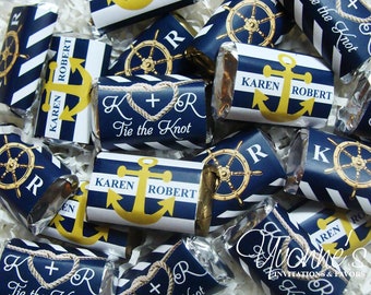 Nautical Wedding Mini Candy Bar Wrappers for Miniature Chocolate Favors-Cruise Ship-Tie the Knot-Wedding-Bridal Shower-Navy and Gold