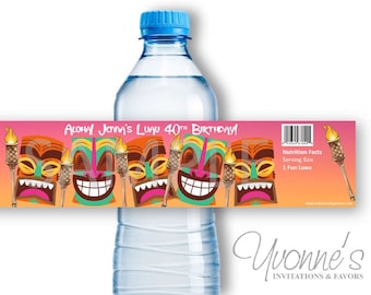 Luau Birthday Water Bottle Wrappers- Tiki Luau Party-40th-50th-60th or Any Age Birthday (Set of 12)