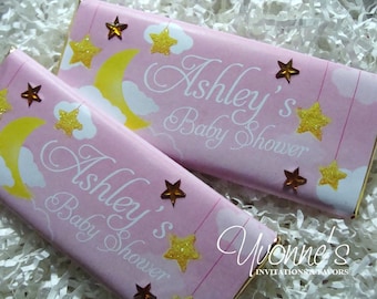 Baby Shower Twinkle Little Star Candy Bar Wrappers Assembled with Chocolate-Party Favors-Pink and Gold-1st Birthday-Moon and Stars-Celestial