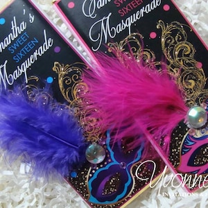 Mardi Gras Masquerade Party Favors-Candy Bar Wrappers Assembled with Chocolate-Wedding, Purple-Fuchsia-Gold Sweet Sixteen 16, Quince Anos