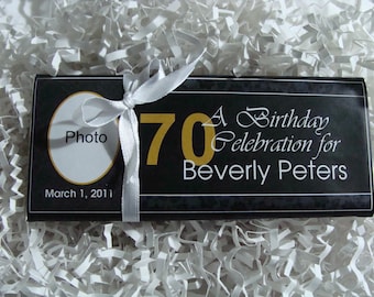 50th-60th-70th-80th-90th-100th Birthday Candy Bar Wrappers Assembled with Chocolate-Party Favors-Vintage Milestone with Photo-Black, Gold