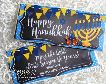 Hanukkah Candy Bar Wrappers for Chocolate Bar Favors- Hanukkah Party Favors-Menorah with Dreidels, Chanukkah Jewish Party Favors