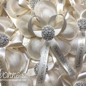 Jordan Almond Flower Bombonieres-Ivory Confetti Flower with Personalized Ribbon and Rhinestone Cluster Button-Italian-Inspired Favor