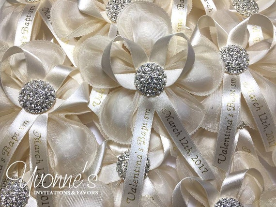 Jordan Almond Flower Bombonieres-Ivory Confetti Flower with Personalized Ribbon and Rhinestone Cluster Button-Italian-Inspired Favor