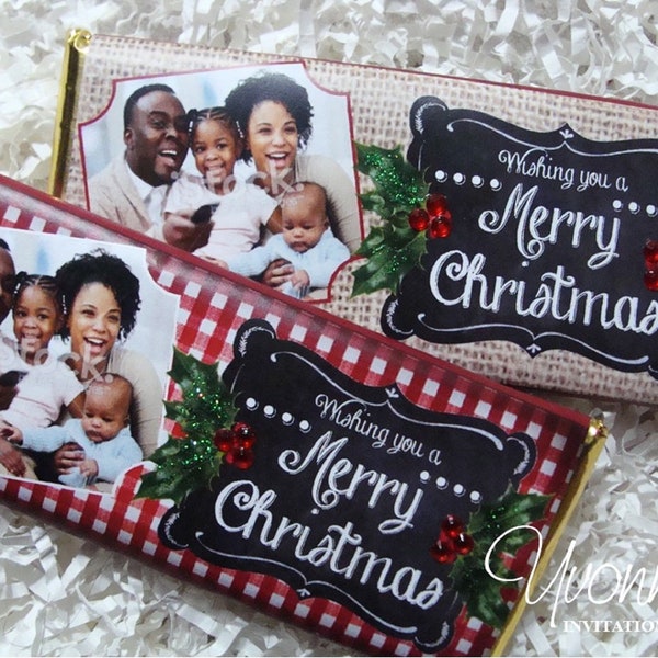 Christmas Card with Photo Candy Bar-Chocolate Party Favors-Edible Greeting Card-Rustic Xmas-Stocking Stuffers-School-Office-Inexpensive Gift