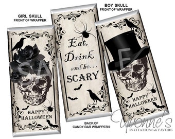 Vintage Skeletons Halloween Candy Bar Wrappers for Chocolate Bars-Halloween Party Favors-Gothic Vintage Rustic Skulls-Halloween Wedding