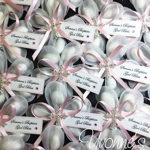 Jordan Almond Communion-Baptism Flower Bombonieres-White Confetti Flower+pink Ribbon-Personalized Tag-Bling Cross-Italian-Inspired Favor