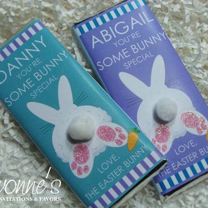 Easter Bunny Chocolate Bar Favor-Bunny Pom-Pom Tail for Easter Baskets-Easter Favors, Easter Candy School, Basket Filler, Kids Teacher Gifts image 1