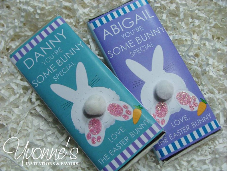 Easter Bunny Chocolate Bar Favor-Bunny Pom-Pom Tail for Easter Baskets-Easter Favors, Easter Candy School, Basket Filler, Kids Teacher Gifts image 1