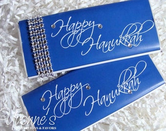 Hanukkah Candy Bar Wrappers Assembled with Chocolate-Kosher Chocolate Bar Party Favors with Bling-Chanukkah Candy Gift-Blue and Silver